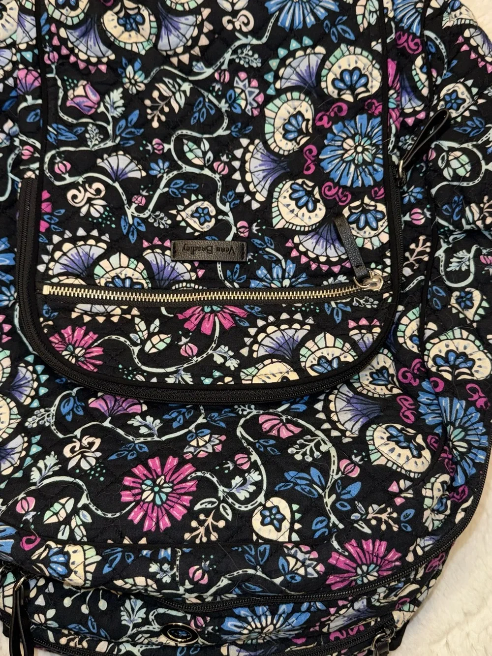 Vera Bradley Black Floral Quilted Backpack with Blue & Purple Accents